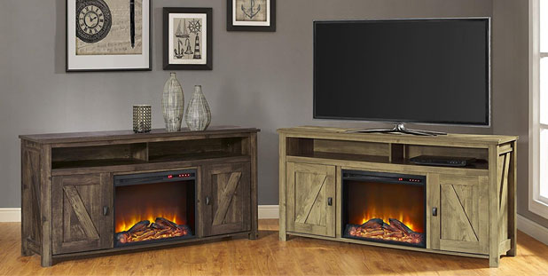2 Colors of the Barnwood Electric Fireplace TV Console Unit: Heritage Pine and Heritage Light Pine