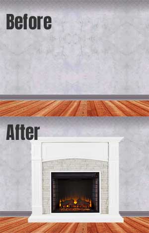 Before and After Room with Electric Fireplace and Mantel - Easy Decorating Ideas