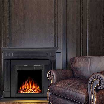 Black Fireplace Mantel Against Dark Wood Wall in Library
