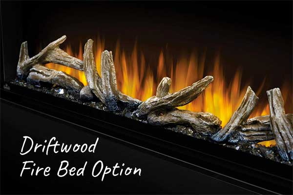 Driftwood Fire Bed Option in Alluravision Electric Recessed Fireplace