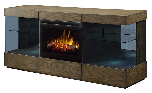 Electric Fireplace Media Console with Glass Shelves and Wood Top
