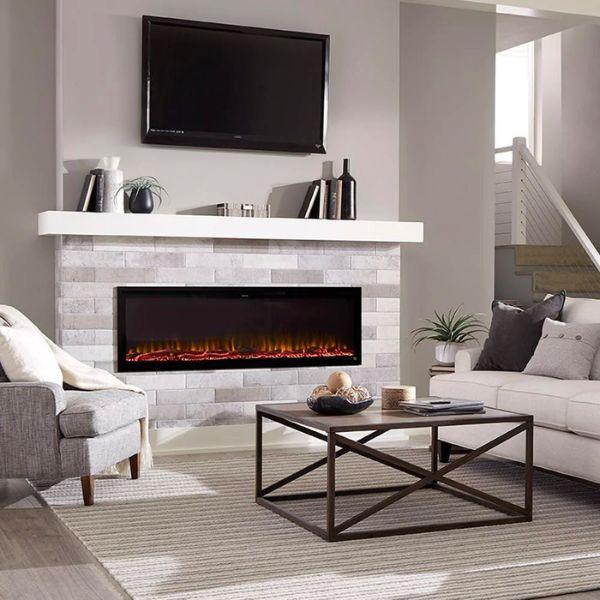 Electric Fireplace with Custom-Built Stone Mantel