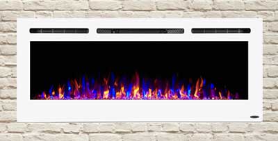 Long White Wall Mounted or Recessed Electric Fireplace with Front Vents