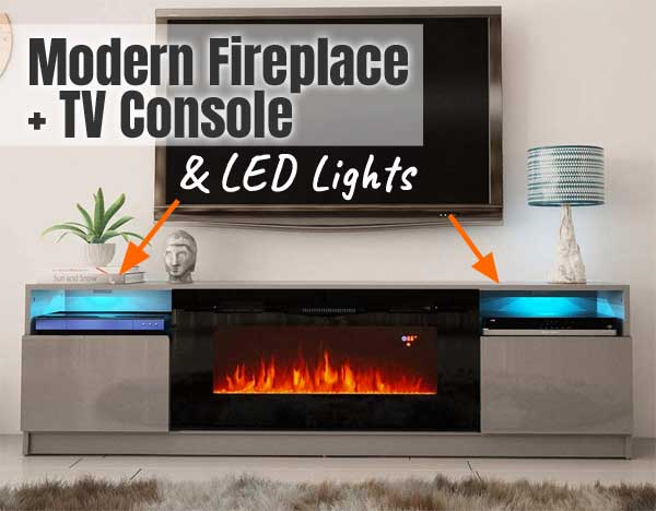 Modern Electric Fireplace TV Stand with LED Light Kit and Storage Cabinets