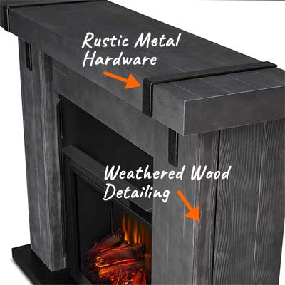 Rustic Fireplace Mantel with Weathered Wood and Industrial Metal Hardware