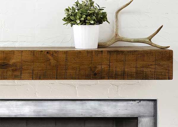 Rustic Mantel Shelf with Distressed, Antique Wood Look Above Fireplace