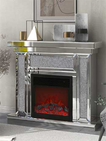 Modern Reflective Silver Mirror Electric Fireplace with Mantel