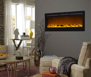 Wall mounted ventless electric fireplace in a living room